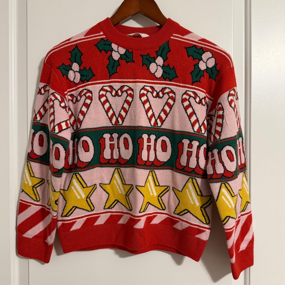 HM Kids Red Pink Ho Ho Ho Christmas Holiday Sweater Candy Cane Stars Size 12-14